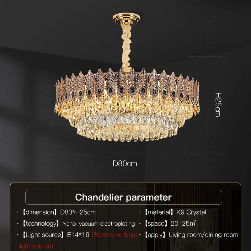 Gold-toned DecorBites crystal chandelier with peacock feather-shaped and cascading k9 crystal accents for living room