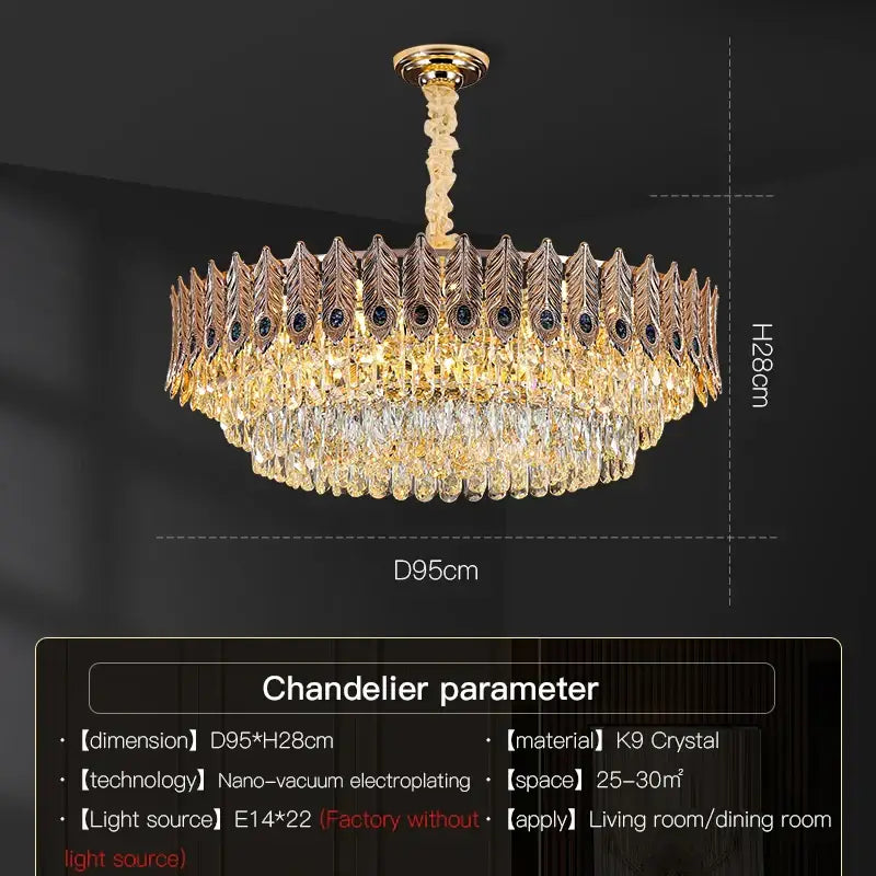 Gold-toned decorbites crystal chandelier with intricate feather-shaped and cascading k9 crystals for living room lighting