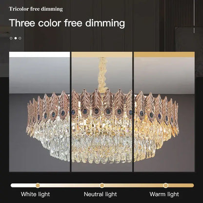 Luxurious gold-toned decorbites crystal chandelier with intricate feather metalwork and dimming for living room lighting
