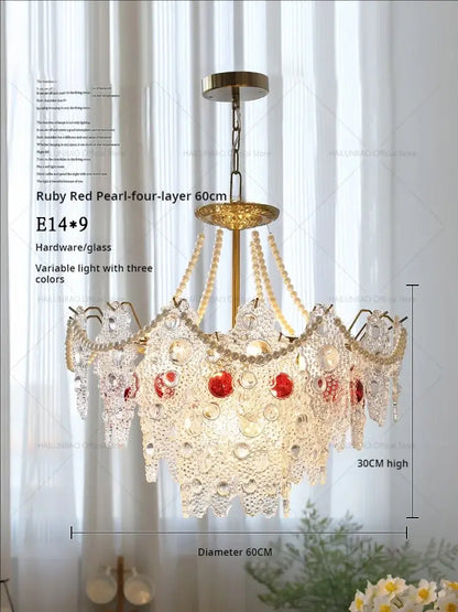 DecorBites crystal chandelier with golden frame cascading crystals and ruby pearl accents for elegant retro lighting