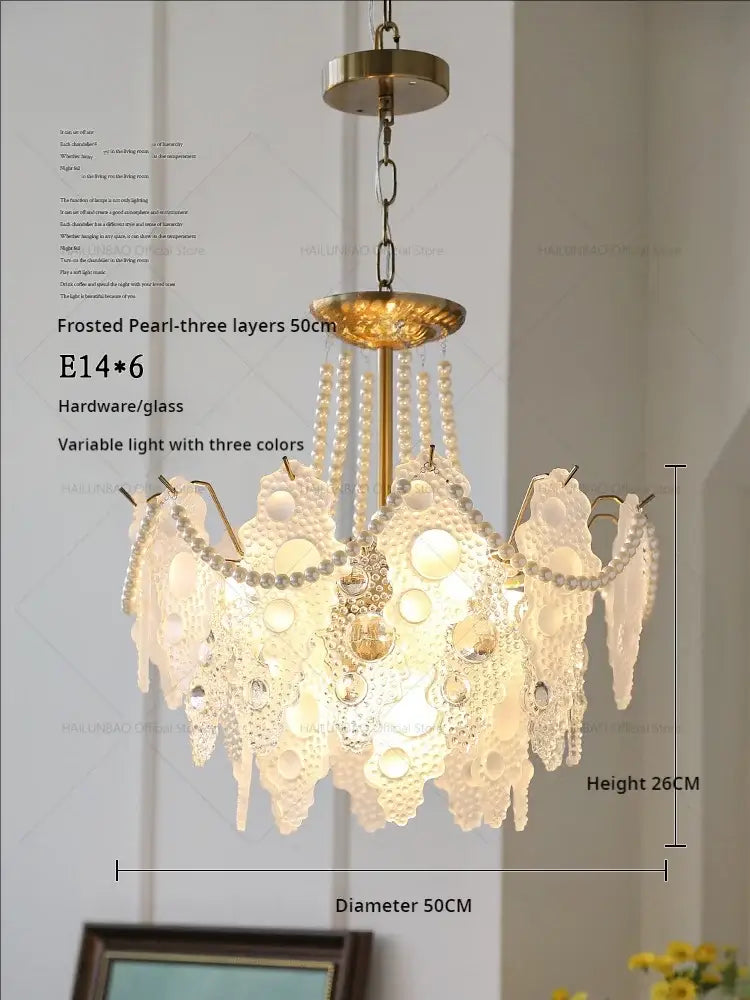 Frosted pearl decorbites crystal chandelier with gold metal frame and lace-like glass panels for elegant retro lighting