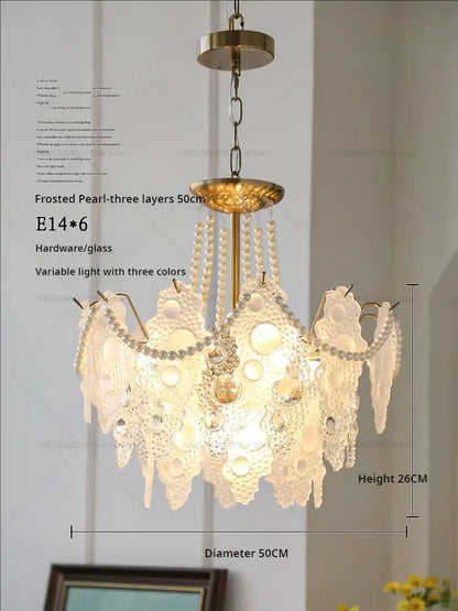 Frosted pearl decorbites crystal chandelier with gold metal frame and lace-like glass panels for elegant retro lighting