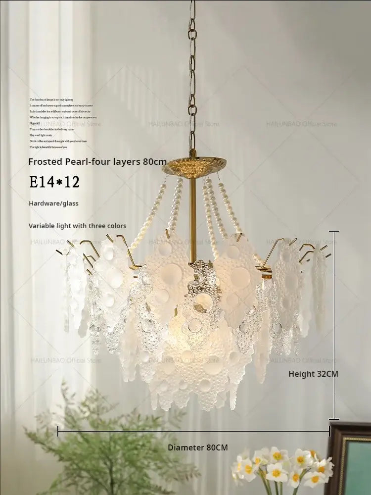 Elegant frosted pearl crystal chandelier by decorbites featuring four layered glass shades and gold-toned hardware