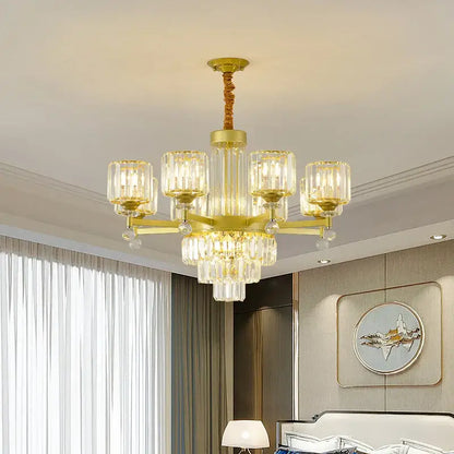 DecorBites crystal chandelier with gold-toned frame, clear crystal accents, and twisted rope suspension for elegant lighting