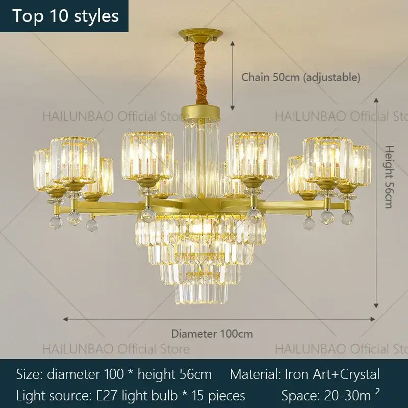 Gold-toned decorbites crystal chandelier with multiple tiers of clear prisms and adjustable chain for indoor lighting