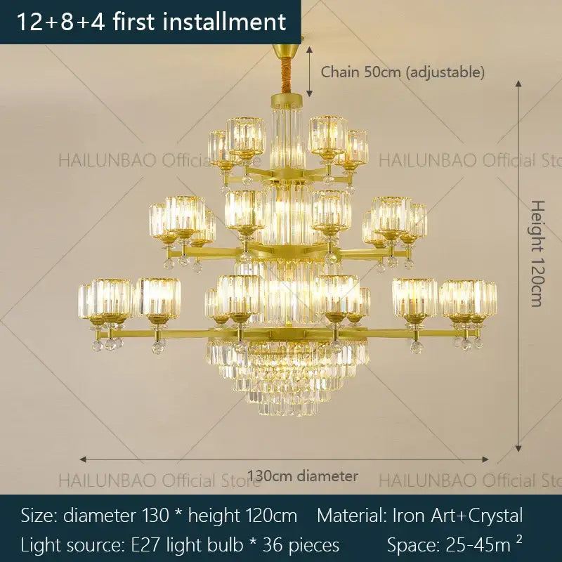 Gold-toned decorbites crystal chandelier with iron art and crystal shades for living room dining and bedroom lighting