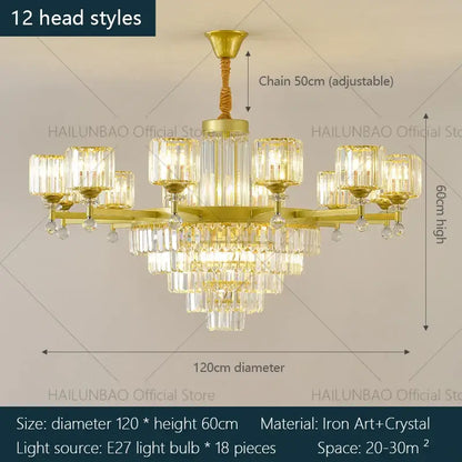 Gold-toned decorbites crystal chandelier with clear prisms and glass shades featuring adjustable height for elegant lighting