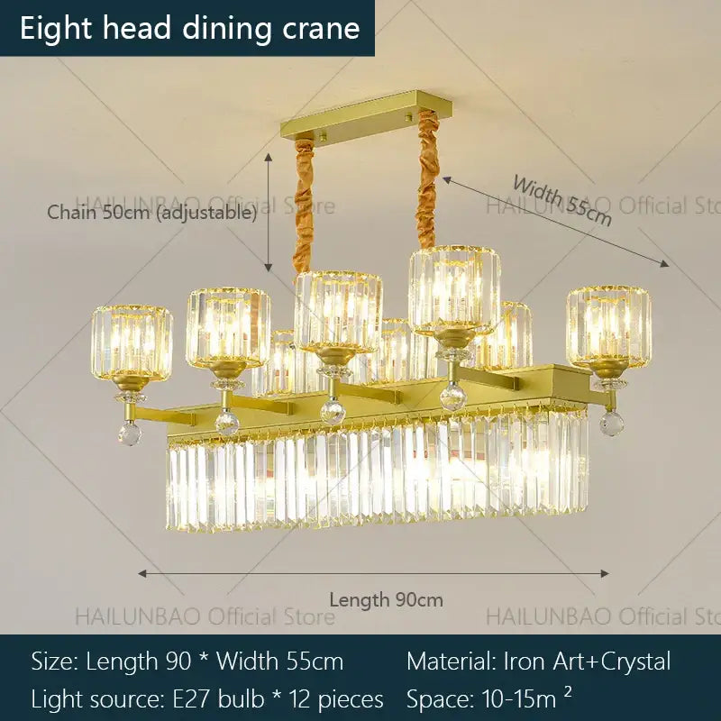 Gold-toned decorbites crystal chandelier with eight heads crystal glass shades and hanging crystal strands for elegant lighting
