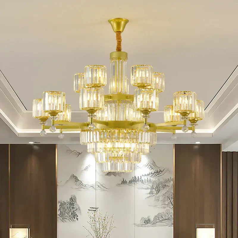 A luxurious gold-toned decorbites crystal chandelier with clear glass crystal shades for elegant living spaces