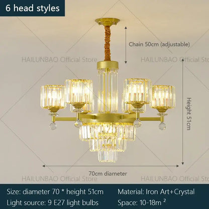 Gold-toned decorbites crystal chandelier with crystal glass shades and twisted brass chain for living room lighting