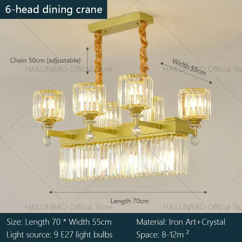 Gold-toned six-head decorbites crystal chandelier with crystal glass shades and twisted metal chains for elegant lighting