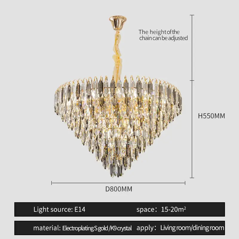 Decorbites crystal chandelier with gold electroplated tiers and clear smoky k9 crystals for elegant living spaces