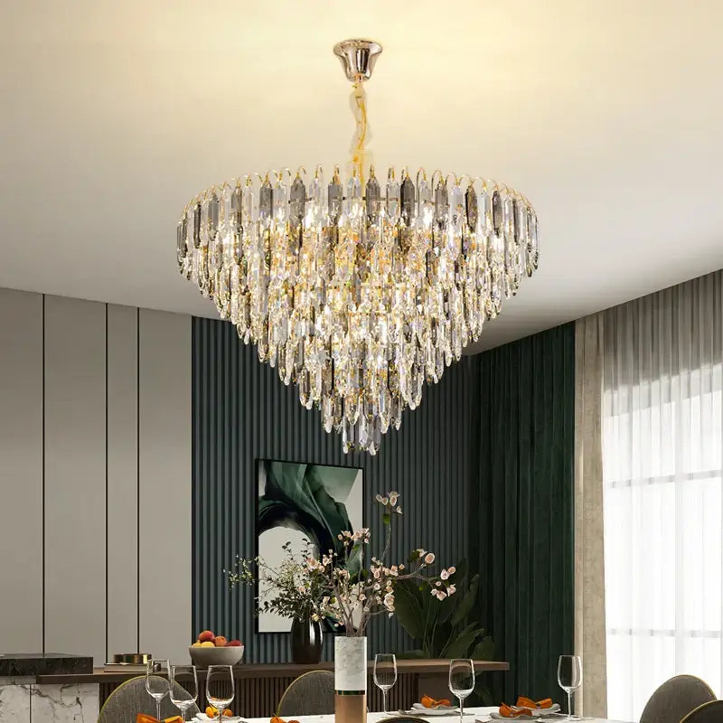 Decorbites crystal chandelier heart-shaped with cascading clear and gold glass prisms for elegant lighting