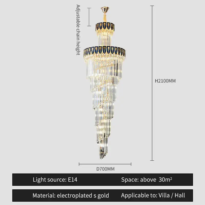 Luxurious gold-plated decorbites crystal chandelier with cascading crystal tiers and blue-accented bands for villa living room lighting