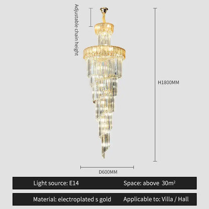 Decorbites crystal chandelier with tiered cascading crystal prisms and gold electroplated accents for elegant villa lighting