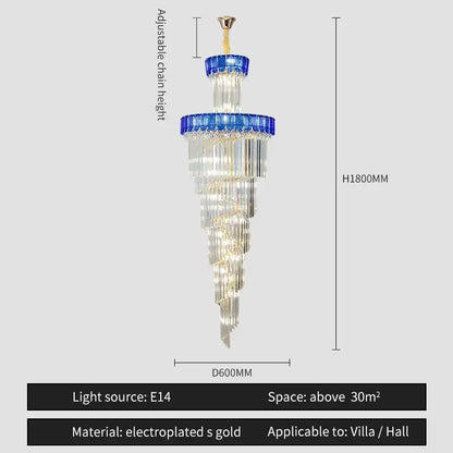 Decorbites crystal chandelier with cascading clear crystal and blue glass tiers electroplated gold finish for villa living room