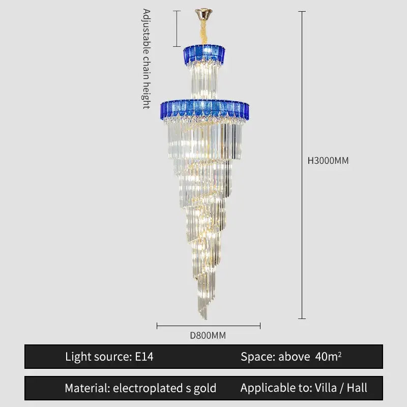 DecorBites crystal chandelier with cascading clear crystal prisms and blue glass rings electroplated gold finish