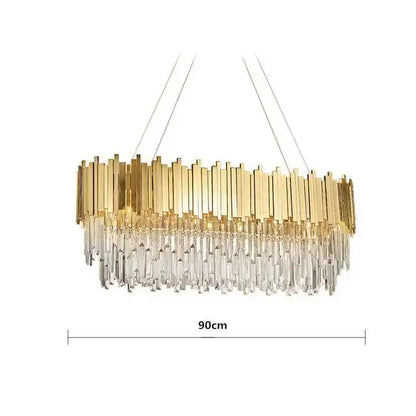 Gold-toned decorbites crystal chandelier with vertical metallic rods and cascading clear crystal droplets for living rooms