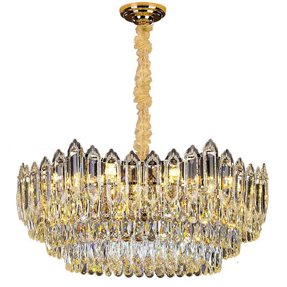Golden decorbites crystal chandelier with cascading crystal prisms and twisted translucent stem for elegant interiors