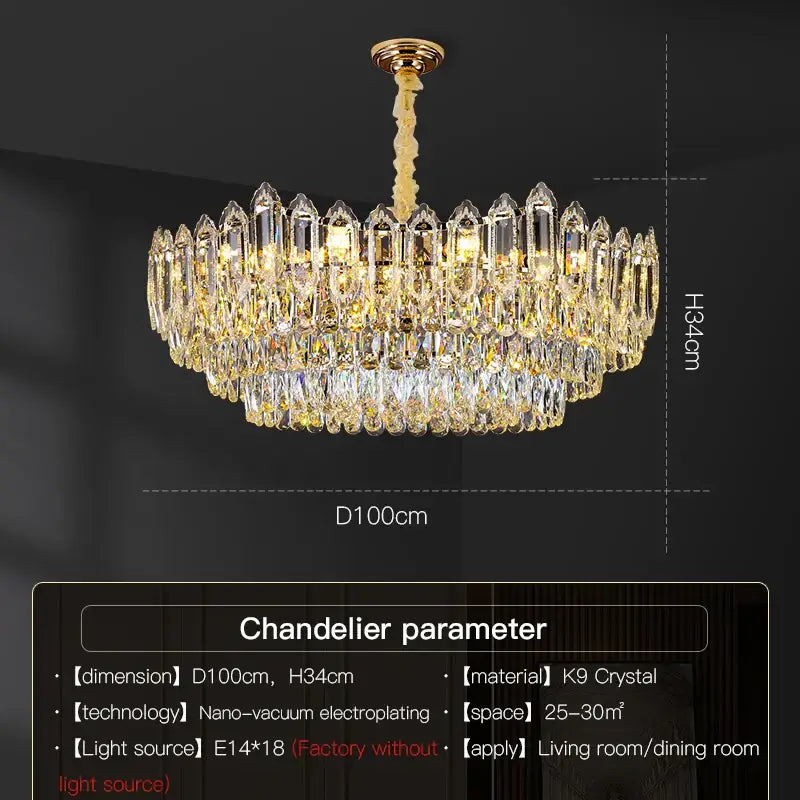 A luxurious golden decorbites crystal chandelier with cascading k9 crystal prisms and polished brass finish for elegant rooms