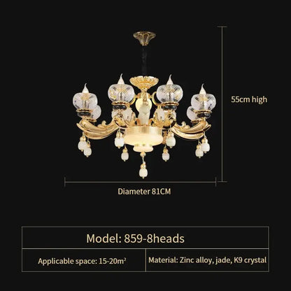 Gold-toned DecorBites crystal chandelier with eight crystal-encrusted arms, jade accents, and dangling k9 crystals for elegant spaces