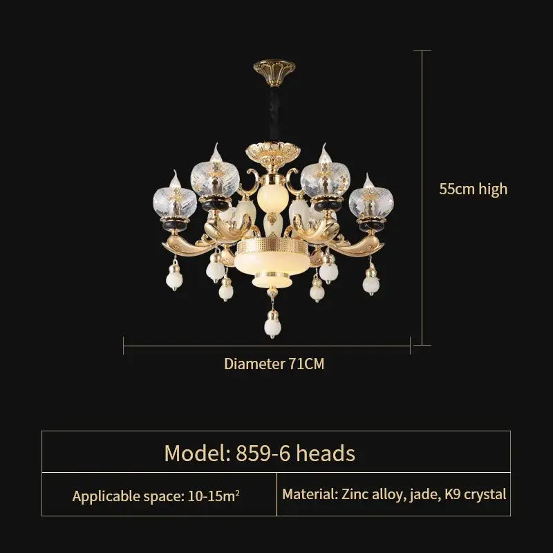 Gold-toned decorbites crystal chandelier with six k9 crystal lights and jade beads for living dining and bedroom use