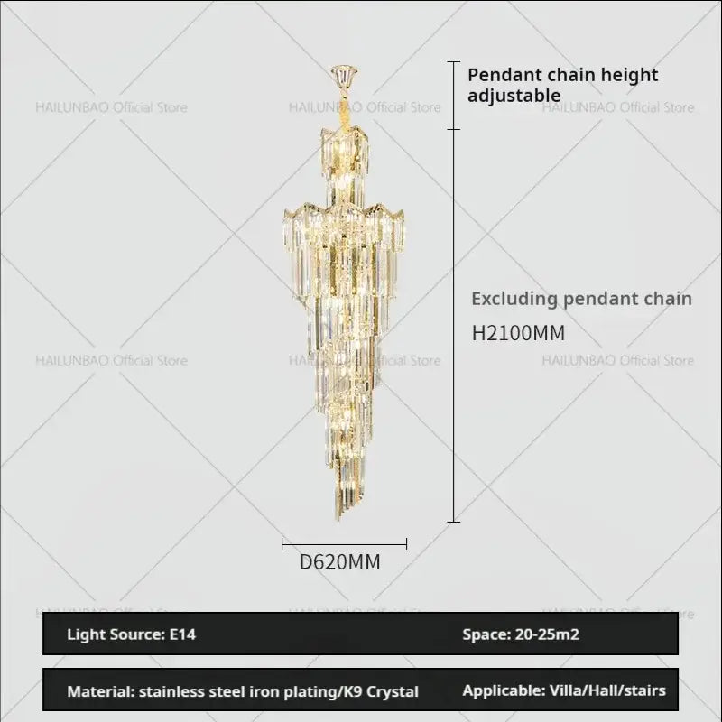 Gold-toned decorbites crystal chandelier with cascading clear k9 crystal tiers and stainless steel iron plating for luxury lighting