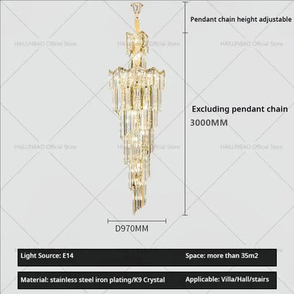 Golden tiered decorbites crystal chandelier with cascading k9 crystal strands and stainless steel iron plating for luxury lighting