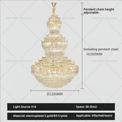 A luxurious gold electroplated decorbites crystal chandelier with k9 crystal tiers for villa or hall lighting