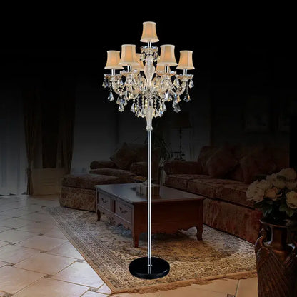 DecorBites crystal chandelier floor lamp with six beige fabric shades and crystal droplets on chrome pole for elegant decor