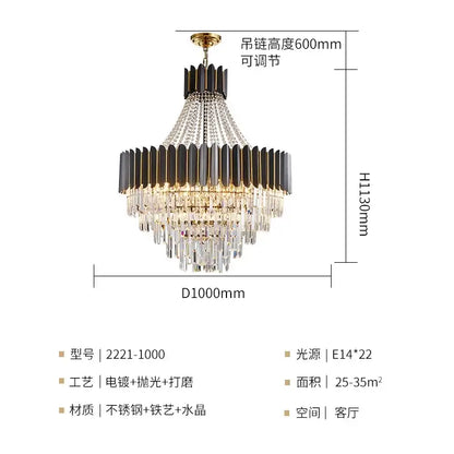 Decorbites crystal chandelier with tiered black and gold metal design and clear crystal droplets for duplex living spaces