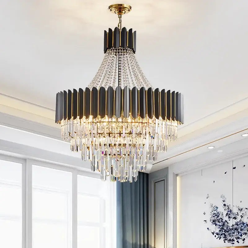 Elegant black and gold decorbites crystal chandelier with cascading crystal droplets for duplex living spaces