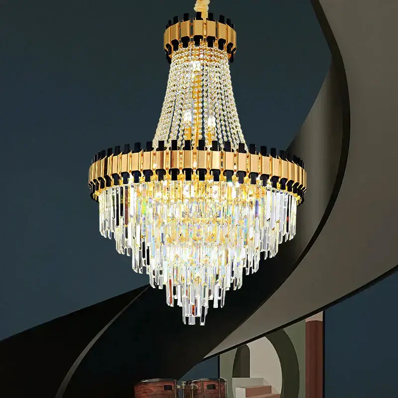 Golden decorbites crystal chandelier with cascading crystal prisms and black metal frames for duplex villa living room
