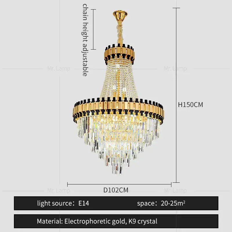 Gold-toned decorbites crystal chandelier with cascading k9 crystal prisms and black-accented tiers for duplex villa living room