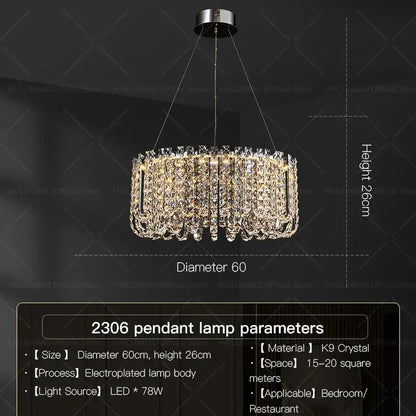 A decorbites crystal chandelier featuring a sparkling k9 crystal circular design with an electroplated metal frame for modern interiors