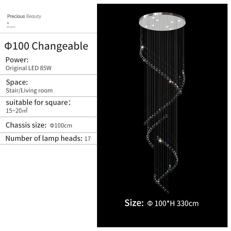 A sleek decorbites crystal chandelier with spiral clear crystals and a chrome top for high ceilings living rooms
