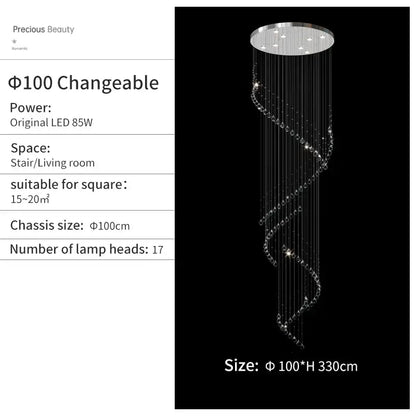 A sleek decorbites crystal chandelier with spiral clear crystals and a chrome top for high ceilings living rooms
