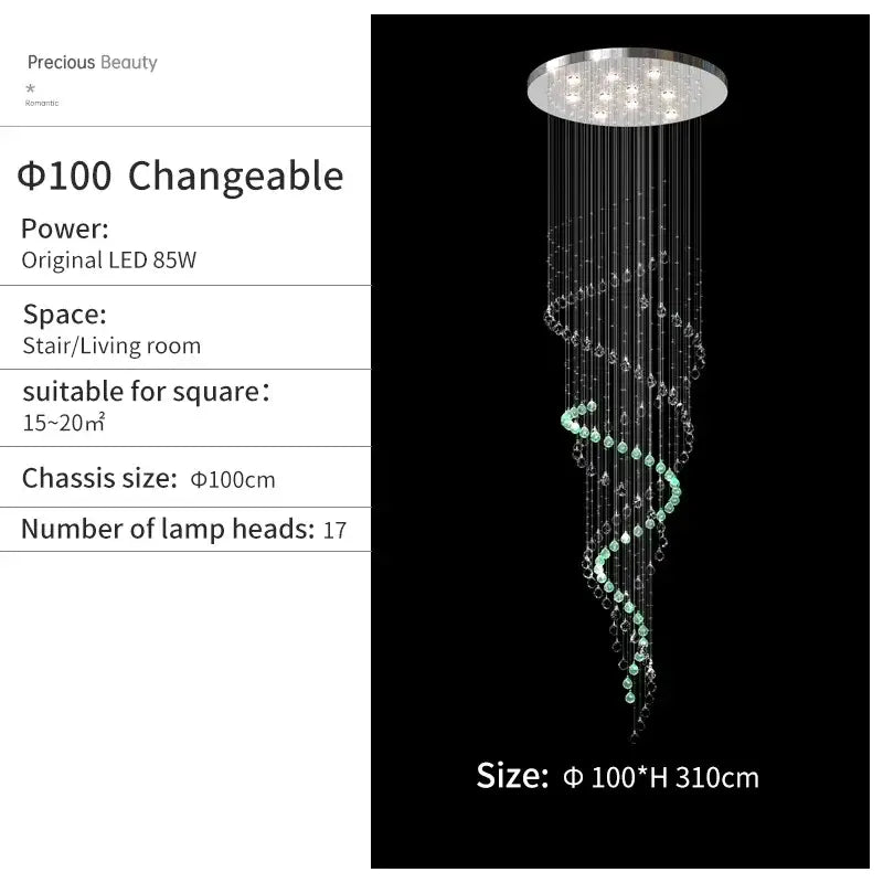 A decorbites crystal chandelier with a silver metal top and cascading clear crystal beads and green glass orbs for high ceilings
