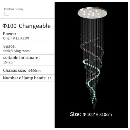 A decorbites crystal chandelier with a silver metal top and cascading clear crystal beads and green glass orbs for high ceilings