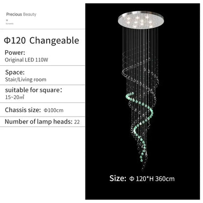A decorbites crystal chandelier with a modern luxury spiral design featuring chrome and green crystal beads for high ceilings