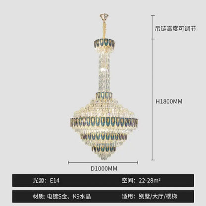 A luxurious decorbites crystal chandelier with gold-plated s-gold and blue-tinted k9 crystal droplets for duplex living room