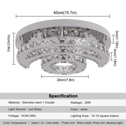 Silver circular decorbites crystal chandelier ceiling light fixture with three faceted crystal rings in stainless steel frame