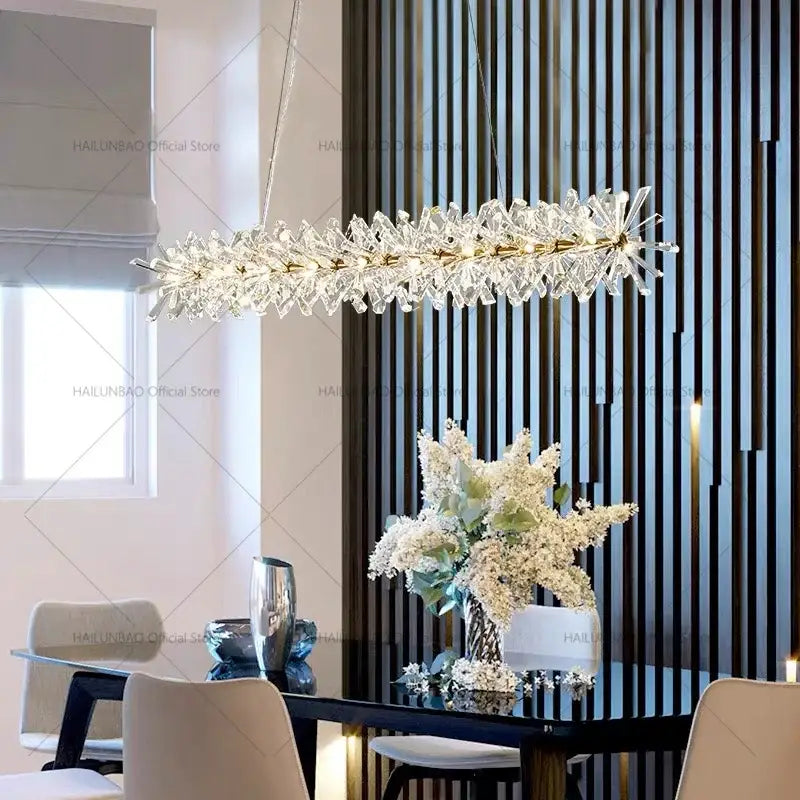 Decorbites crystal chandelier with clear faceted crystals and gold-toned frame for elegant living and dining room lighting