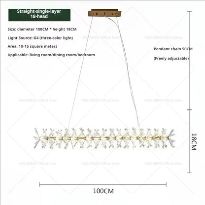 A modern decorbites crystal chandelier with 18 brass-finished pendant lights for elegant living and dining rooms