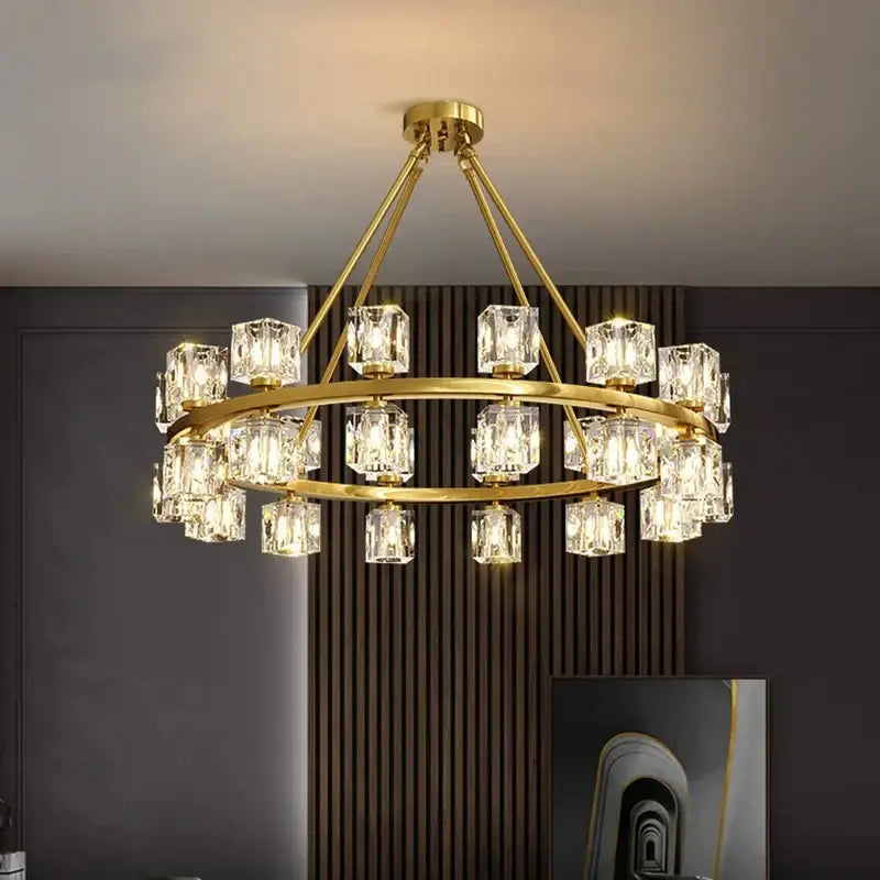 Gold-toned decorbites crystal chandelier with multiple cube pendants for living and dining room lighting