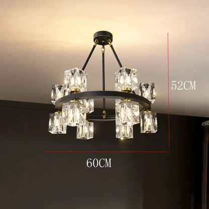 Black metal decorbites crystal chandelier with clear crystal cube shades and gold accents for living and dining room lighting