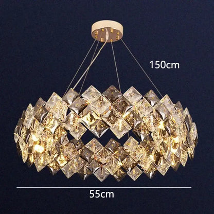 DecorBites crystal chandelier with gold-toned circular design and faceted glass tiers for luxury living room lighting