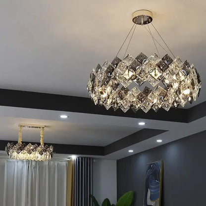 DecorBites crystal chandelier with faceted crystal layers suspended by thin metallic wires for luxury living room lighting