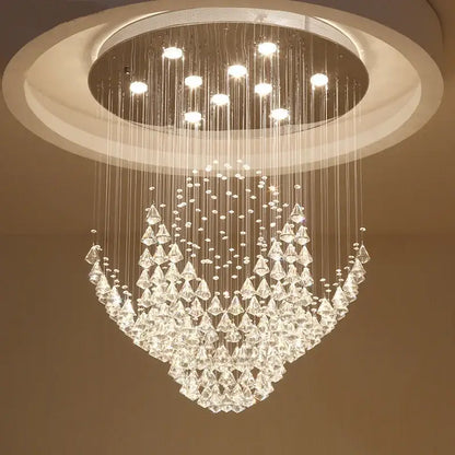 Crystal chandelier by DecorBites with cascading triangular prisms and spherical beads for living room and dining room
