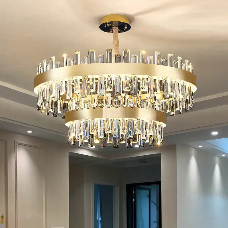 Gold-toned decorbites crystal chandelier with double-tier cascading clear crystal prisms for living room lighting